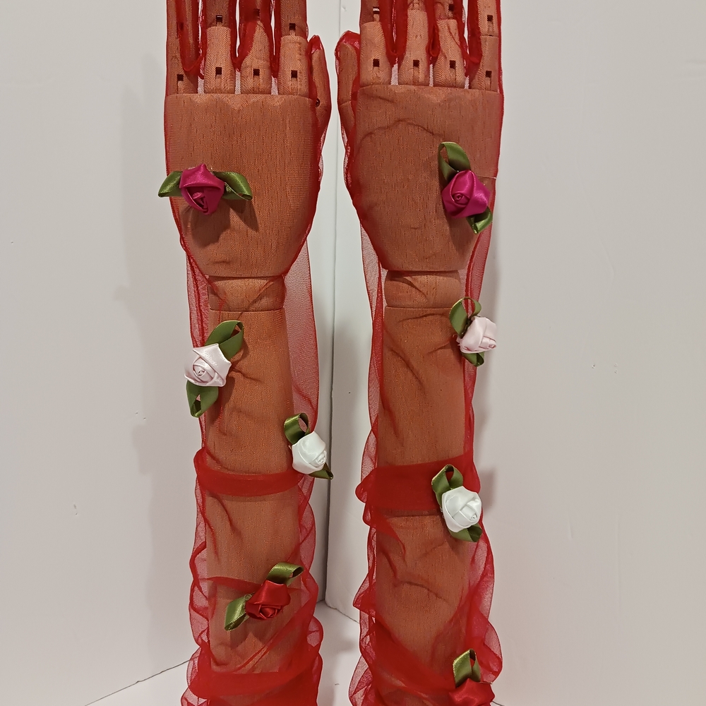 Red Sheer Floral Appliqué Opera Gloves